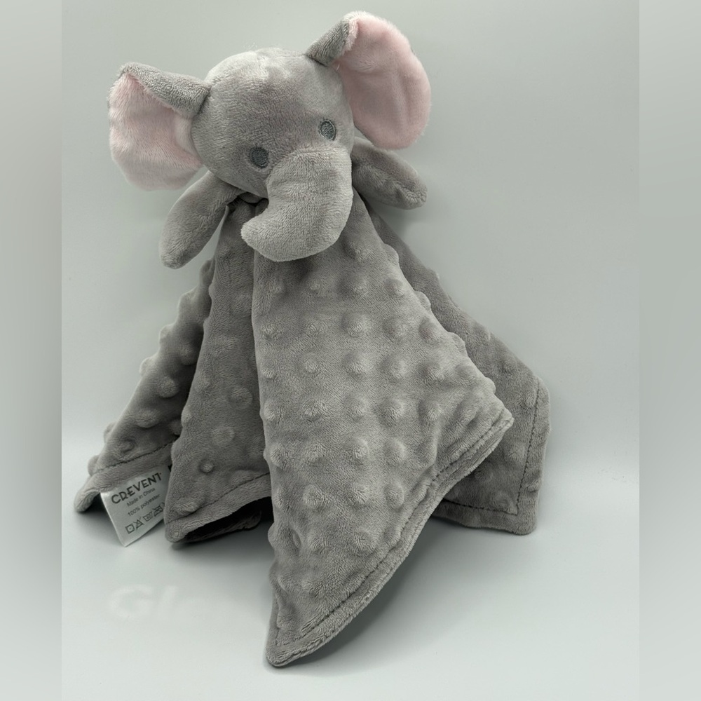 CREVENT Grey Elephant Plush Security Blanket Lovey Embroider Eyes Pink Ears 13”